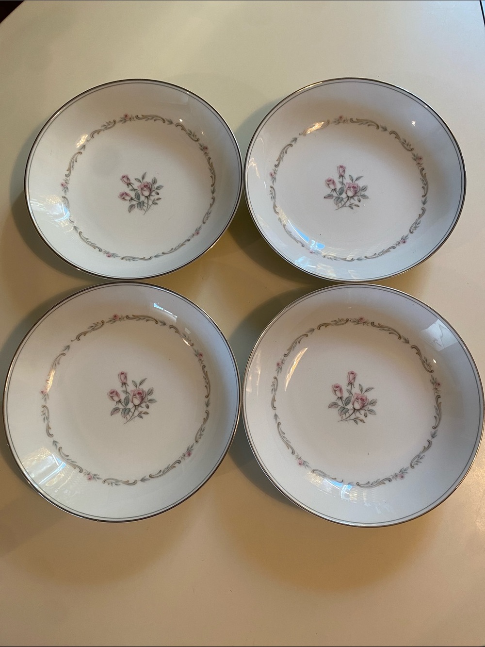 Vintage Noritake White Porcelain Bowls w/ Pink Rose Motif & Silver Trim Mayfair